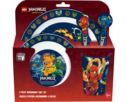 LEGO Ninjago Kinderservies - 5-delig - Herbruikbaar - Inclusief bord, kom, bestek en beker - Vaatwasser- en microgolfbestendig & BPA-vrij - Wit/Donkerblauw