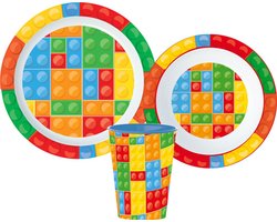 Bricks Lego Serviesset - Beker 260 ml - Diepe kom - Plat bord - 3 stuks - Lego pattern - Eetset - Voor verjaardagen en feestjes - Voor kinderen