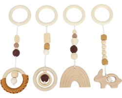 4 Stuks Houten Hangend Speelgoed Kinderwagen Hanger Speelgoed Baby Mobiele Speelkleed Hangend voor Wiegbed, Kinderwagen, Autostoel, (Koffie kleur)