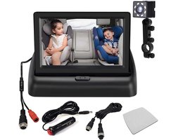 Baby-autospiegel,nachtzicht-baby-autostoelspiegel,verstelbare camera met 120 ° breed zicht,4,3'' HD opvouwbare monitor voor het bekijken van baby's/kinderen in de achter- of naar voren gerichte stoel