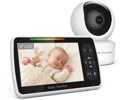 Babyfoon met camera en audio, 5-inch scherm, slimme babyfoon, kan video's bekijken zonder wifi, 120° verticaal kantelen, 355° draaien, nachtzicht, tweewegcommunicatie, spraakbediening.